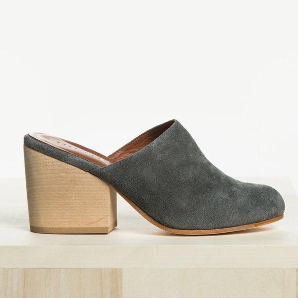 CERI HOOVER Miller Mule 7 Wood Heel Hand-Carved Gray Suede Leather Upper - Picture 1 of 13